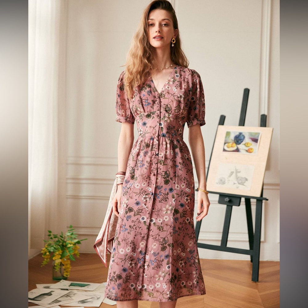 Rihoas Beautiful Floral Print Peasant Button Up Midi/Maxi Dress